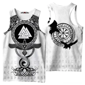 Weißes Gothic Viking Muskelshirt mit 3D-Druck - Vegvisir Kompass, Raben und keltische Knoten auf der Rückseite, Nordic Dark Fashion Tank Top für Goth Streetwear und Alternative Mode