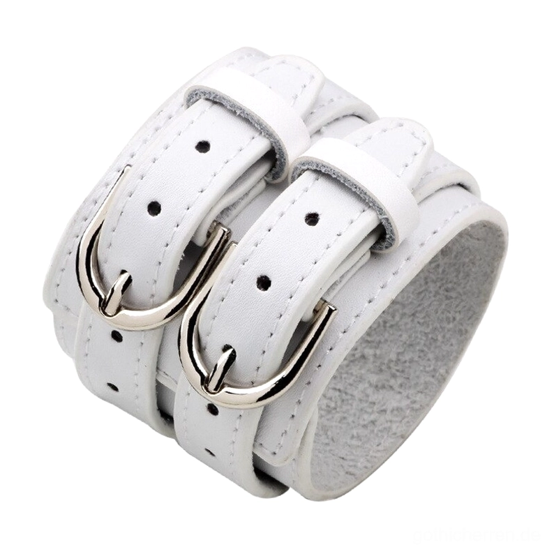 Weißes echtes Leder Alternative Fashion Armband mit grauem Wildleder-Innenteil und silberner Metallschnalle, Theater-Gothic-Ästhetik, Studio-Fotografie-Perspektive