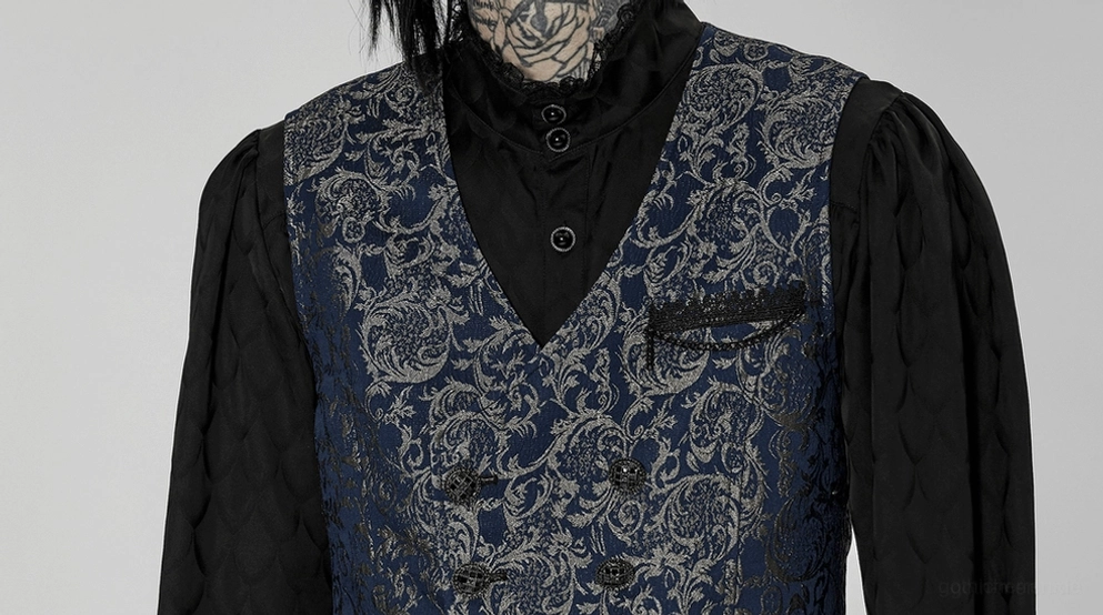Damast-Jacquard-Weste Nahaufnahme Vorderdetail auf männlichem Goth-Modell mit schwarzer Spitzentaschenverkleidung