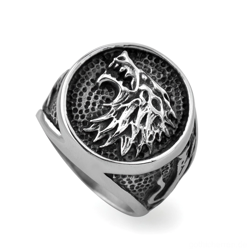 Wikinger Wolf Signet Ring Edelstahl gehämmert Reliefkopf Vorderansicht Gothic Schmuck steinzeitliche Kraft