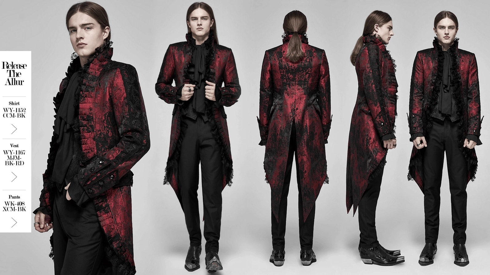Weinrot Rococo Gothic Tailcoat Hauptproduktübersicht mit Spitzenkragen und Metallfastenern