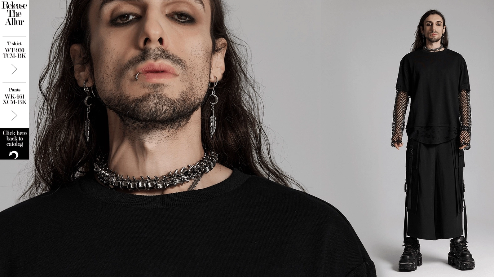 Collage mit Nahaufnahmen und Ganzkörperansichten des gealten Silber-Wirbelsäulen-Halsbands in gotischer Streetwear-Kombination, professionelle Styling-Demonstration