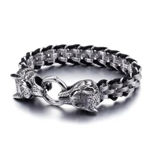 Schwarzsilber Wolfskopf Lederarmband Herren mit dualen Wolfskopf-Schließen und geflochtener Kettenstruktur, Draufsicht Vollansicht