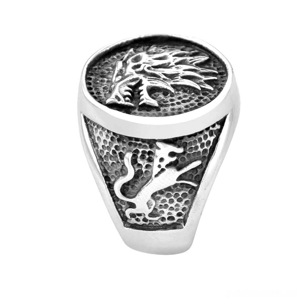 Wolf Signet Ring heraldisches Relief Draufsicht verwitterte Patina Edelstahl vintage Optik