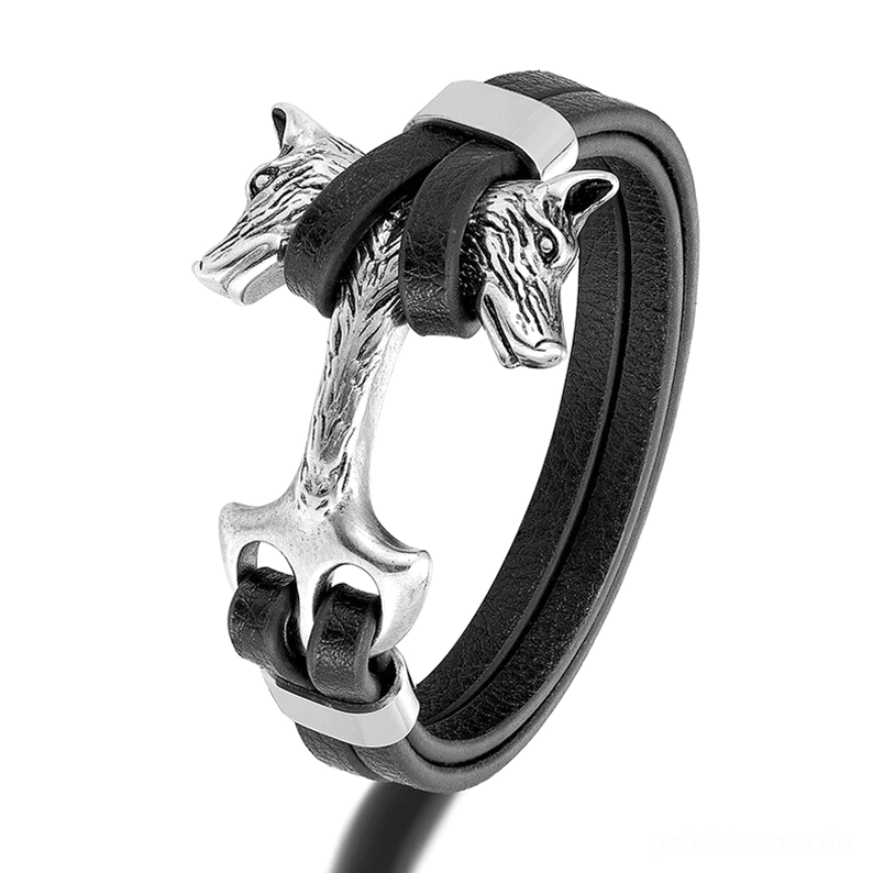 Silber-ton Wolfs-Kopf Anker Lederarmband für Männer, dunkel-gotische Punk-Ästhetik mit hochwertigem Edelstahl-Hardware und echtem schwarzem Leder-Konstruktion, industrielle Gothic-Optik