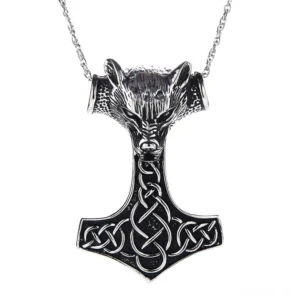 Wolfs-Kopf Thors Hammer Gothic Halskette Edelstahl Anhänger Vorderansicht mit keltischen Knoten Ornamenten