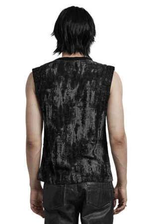 Zerfetztes Gothic-Muskelshirt Rückansicht – schlanke Passform und Schulter-Hardware-Details auf Model