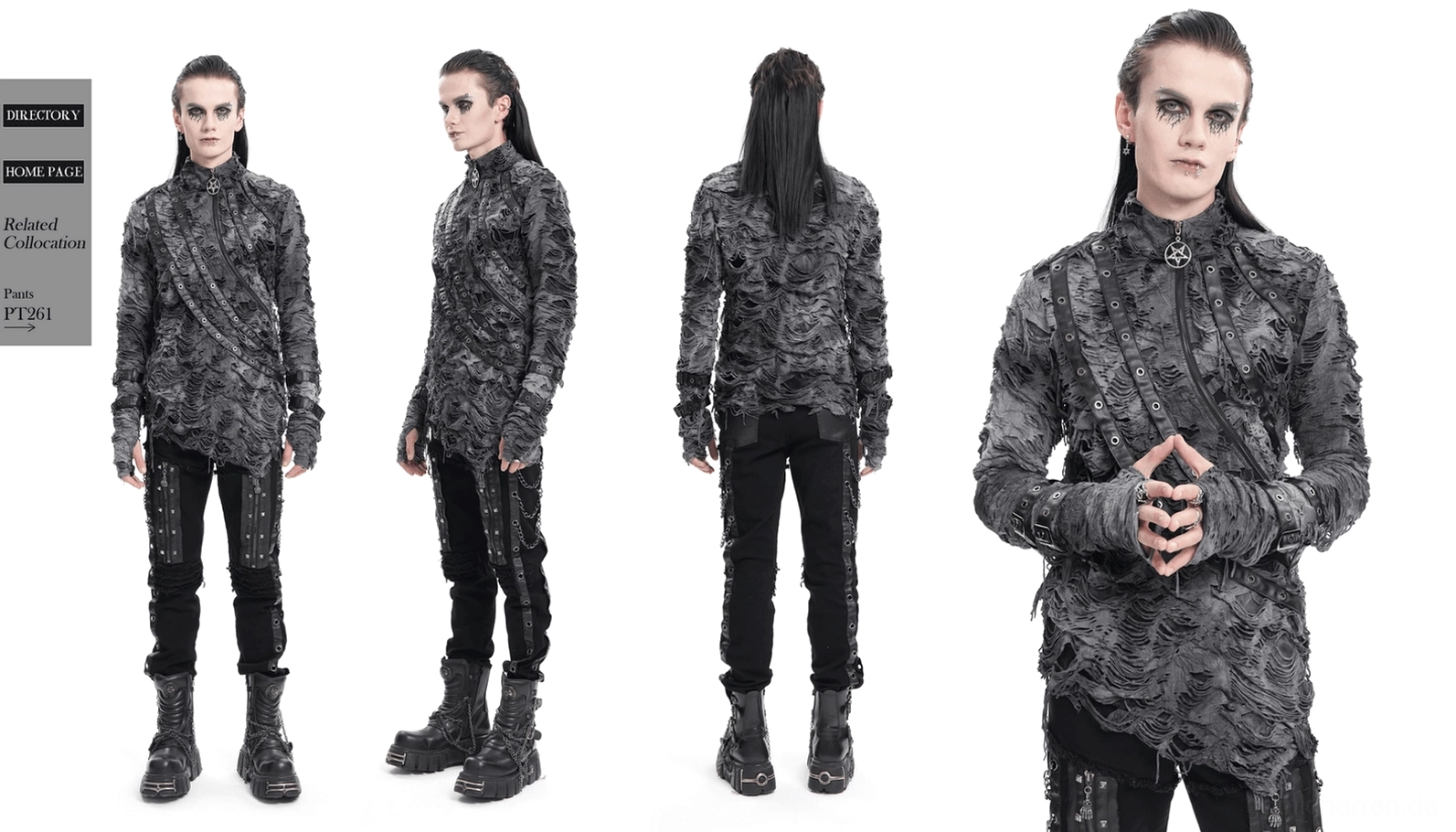 Stilisierter zerrissener Gothic Pulli auf männlichem Modell mit authentischer Gothic-Ästhetik und Subkultur-Styling