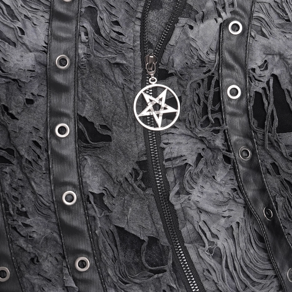 Gesamtrückansicht des zerrissenen Gothic Pullis mit asymmetrischem Riss-Design und durchgehender ausgefranster Stoffstruktur