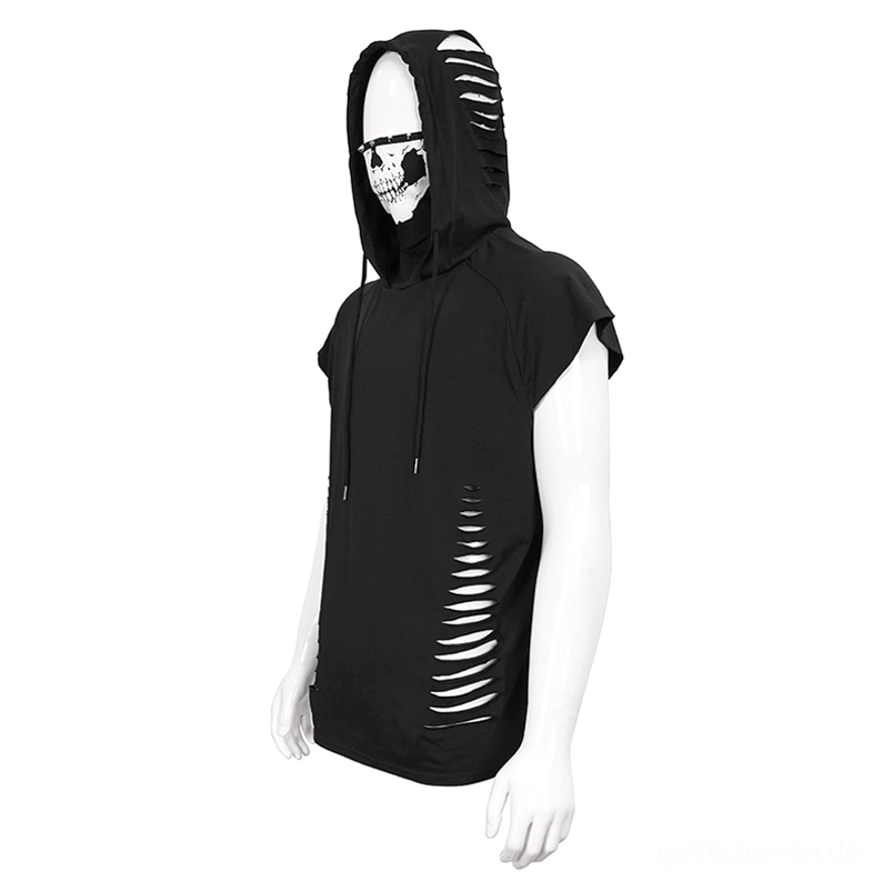 Zerrissener schwarzer Gothic-Hoodie Seitenprofil zeigt zerrissene Details und Schädel-Kapuzendruck mit Raglan-Ärmeln