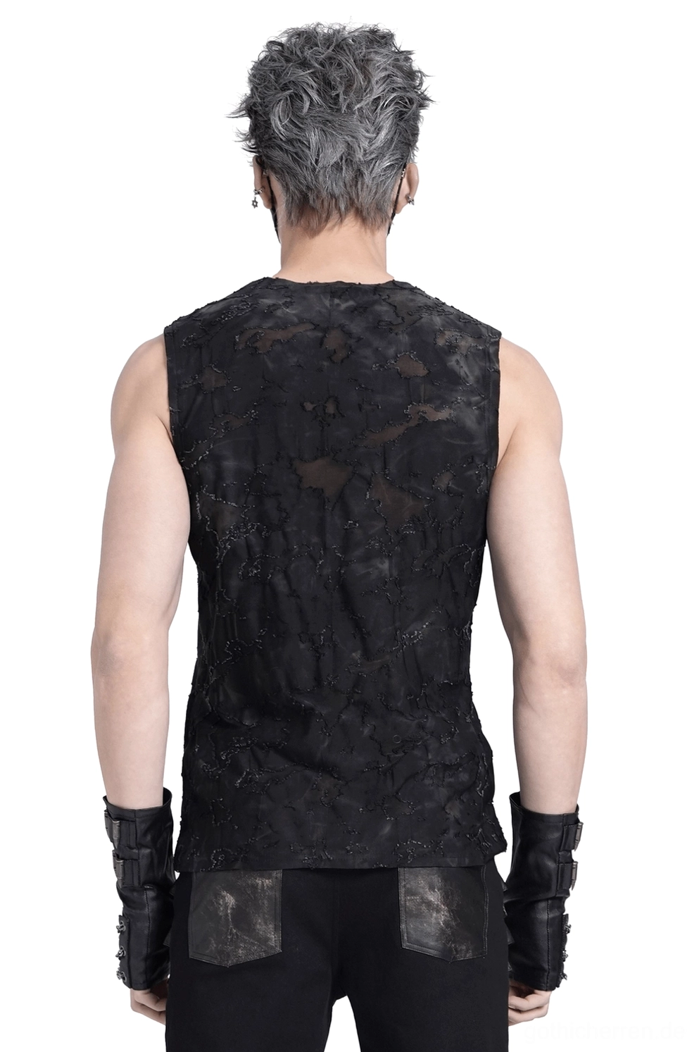 Zerrissenes schwarzes ärmeloses Oberteil Rückansicht mit Niet-Schultergurten und zerstörter Stofftextur Gothic-Design