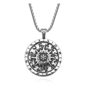 Zodiak-Rad gotisches Titanium Amulett Anhänger Halskette Draufsicht Nahaufnahme alle 12 Tierkreiszeichen geprägt mit zentralem Sonnenmotiv