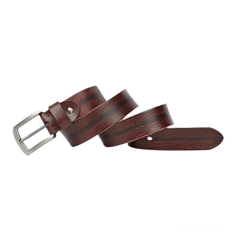 Zwei dunkelbraun distressed Leder Gothic Gürtel mit charaktervoller Maserung und Silberschnallen, authentische vintage Lederverarbeitung demonstriert