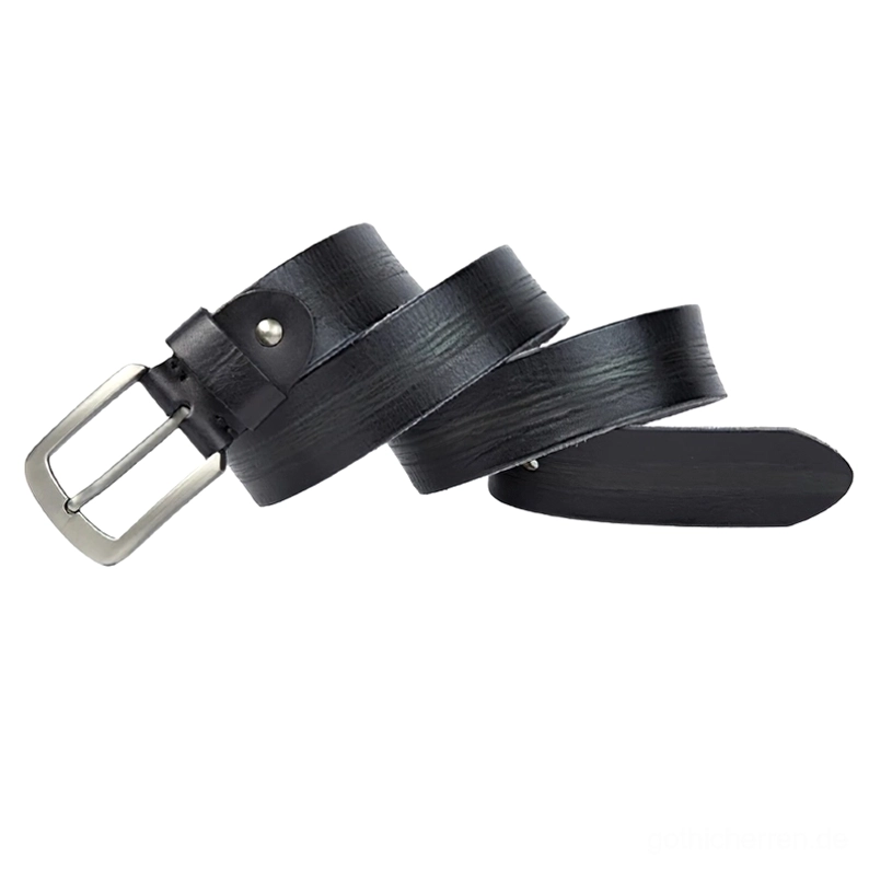 Zwei schwarze echte Leder Gothic Gürtel mit übereinstimmenden mattsilbernen Hebelschnallen, minimalistisches Design und konsistente Handwerkskunst
