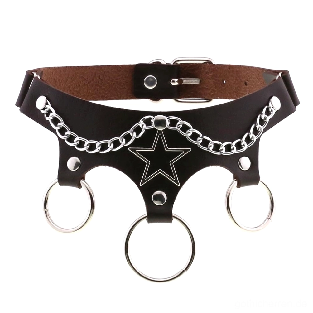 Zweifarbig Schwarz-Braun Leder-Stern-Choker mit Kettenverzierung Kombinationsdesign gotisches Halsband