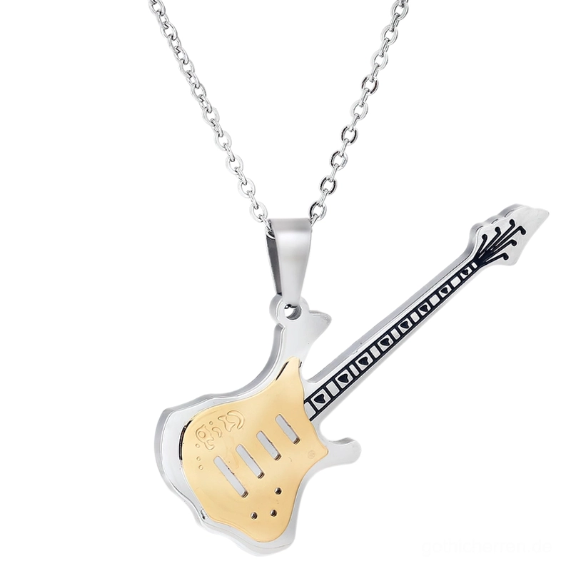 Zweifarbige Elektrogitarren-Anhänger Halskette mit silberner und goldener Oberfläche, aufwendig gravierte Halsdetails und glänzender Finish auf weißem Hintergrund, Vorderansicht des gothischen Rock Statement Schmucks