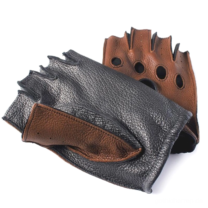Zweifarbige schwarz-braune fingerlose Lederhandschuhe mit Belüftungslöchern, Gothic half-finger Driving Gloves, flache Studioaufnahme mit Cutout-Details